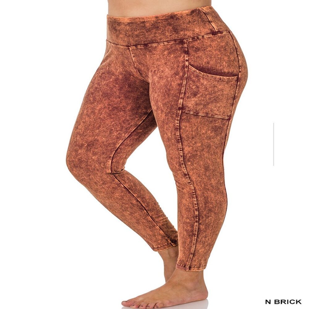 ZENANA MINERAL WASH WIDE WAISTBAND FULL LENGTH LEGGINGS W/POCKETS BRICK 1X-3X